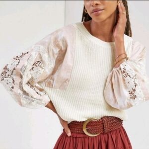 Anthropologie x Pilcro Martine Peasant Sleeve Sweater Cream Knit Boho S Small